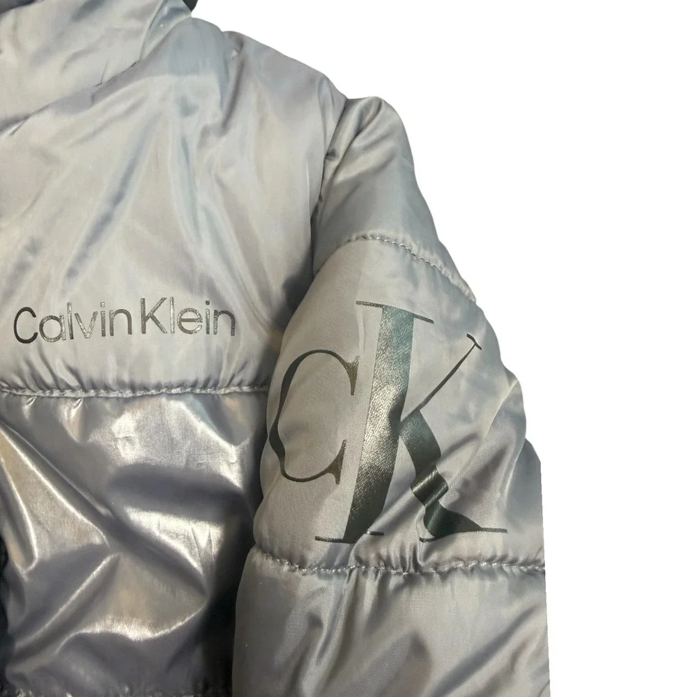 Calvin Klein Jeans Puffer Jacket Baby 12M Silver Metallic Hooded CK Logo Coat